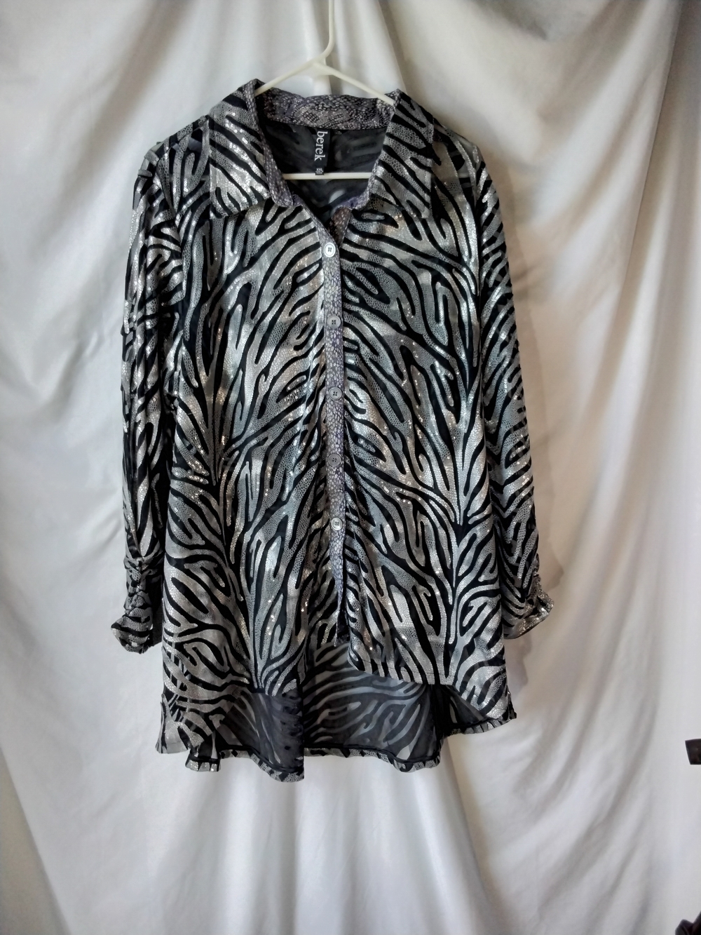berek Metallic Zebra Sheer Top in Silver and Purple